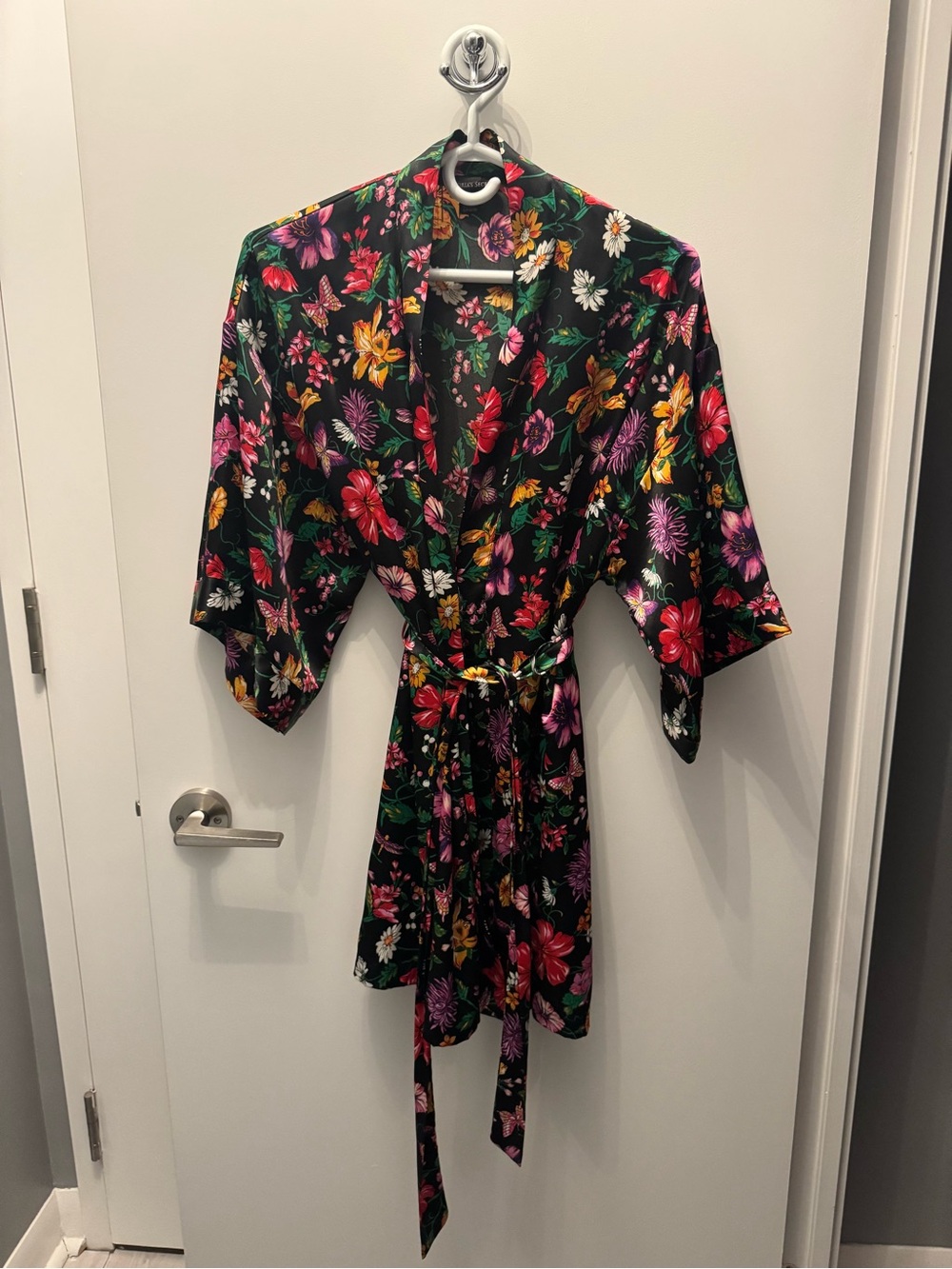 Victoria's Secret Black Satin Floral Robe with Pink, Yellow and Green Blooms